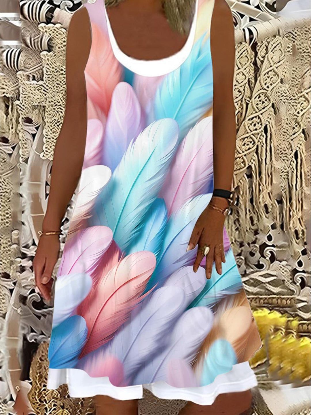 Ladies Colorful Feather Print False Two Dress