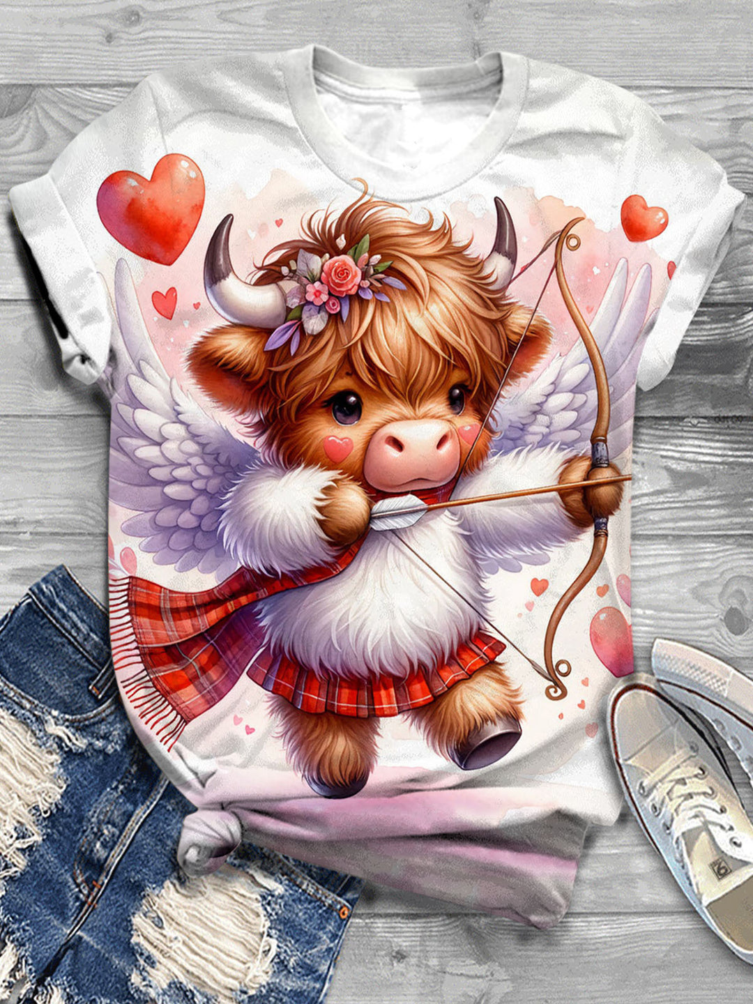 Valentine Cupid Highland Cow Crew Neck T-Shirt