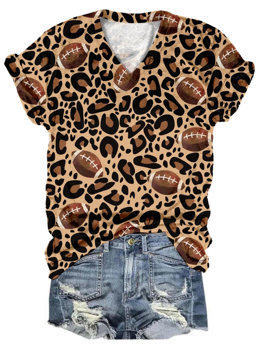 Leopard Print Football Tie Dye V Neck T-Shirt
