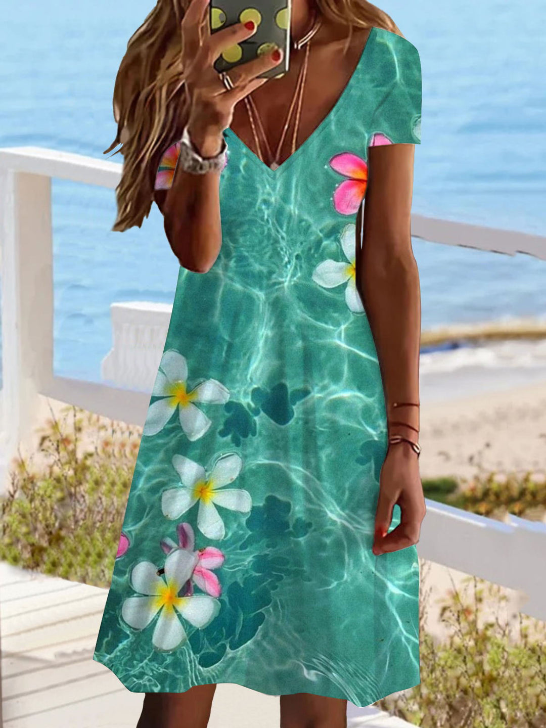 Floral Seawater Print V Neck Short Sleeve Dress