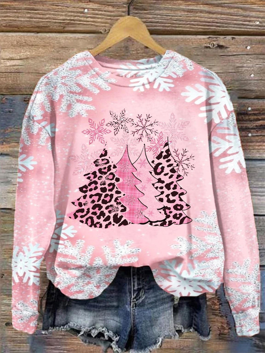 Christmas Tree Snow Print Round Neck Top