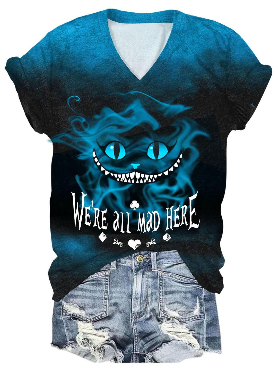 Cheshire Cat We'Re All Mad Here V-Neck T-Shirt