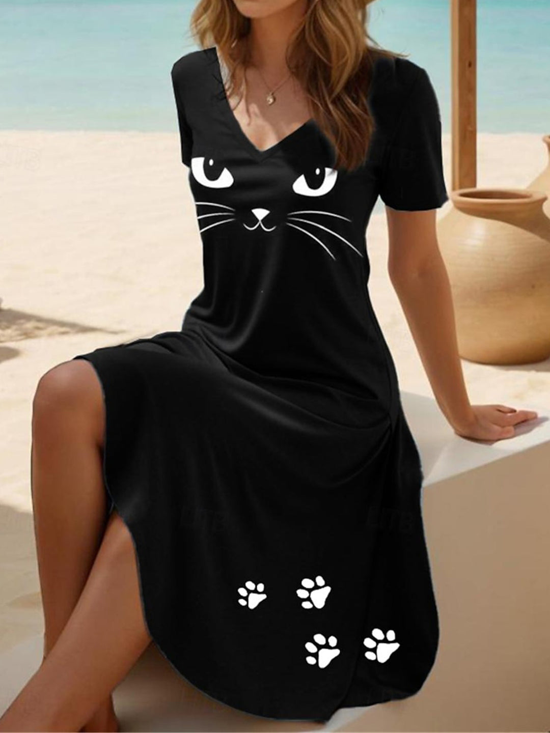 Cat Dog Paw Print Short Sleeve V Neck Maxi Dress