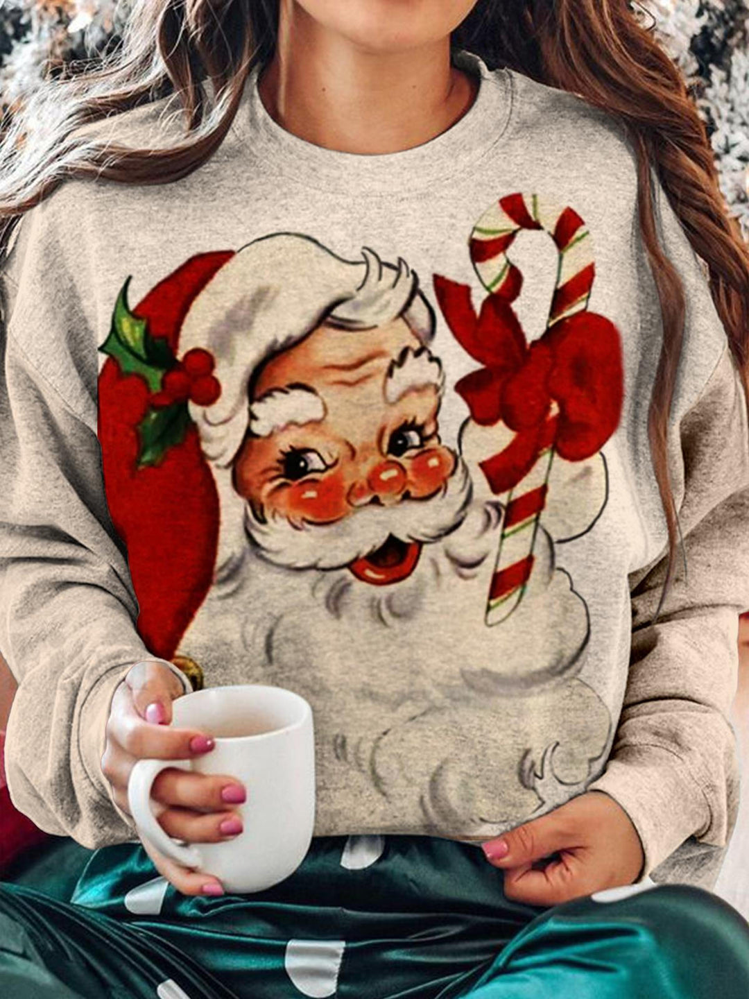 Women's Santa Print Long Sleeve Top