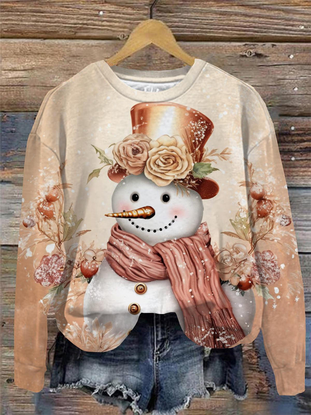Women's Winter Floral Snowman Print Round Neck Long Sleeve Top