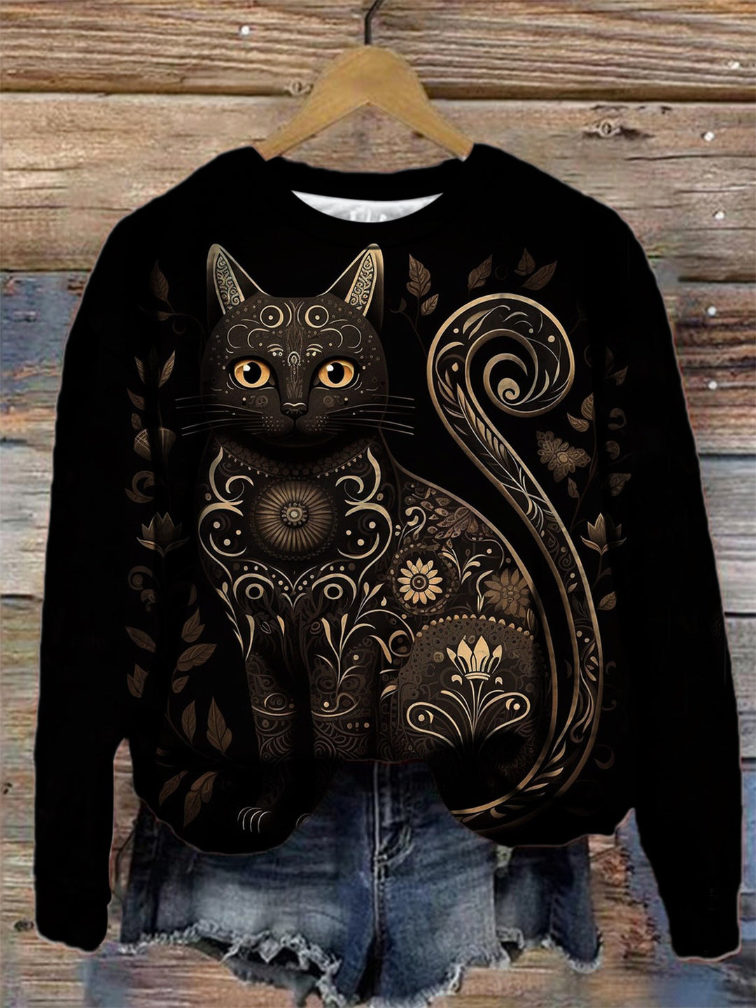 Black Cat Folk Art Print Round Neck Long Sleeve Top