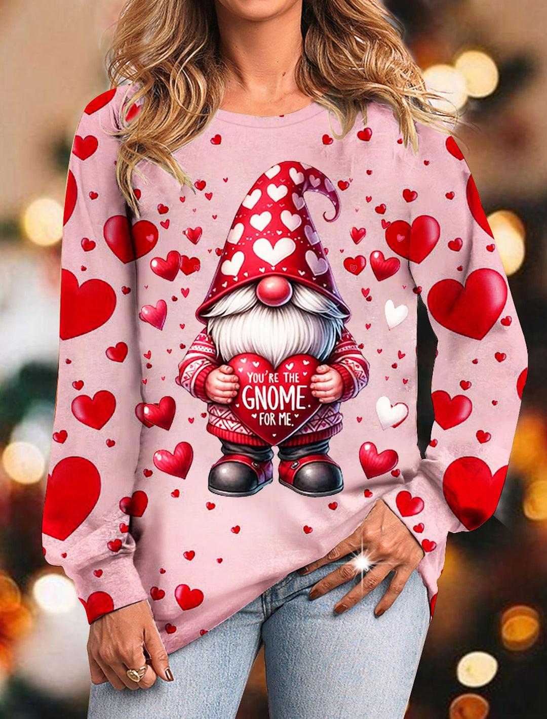 Valentines Gnomes Print Round Neck Long Sleeve Top