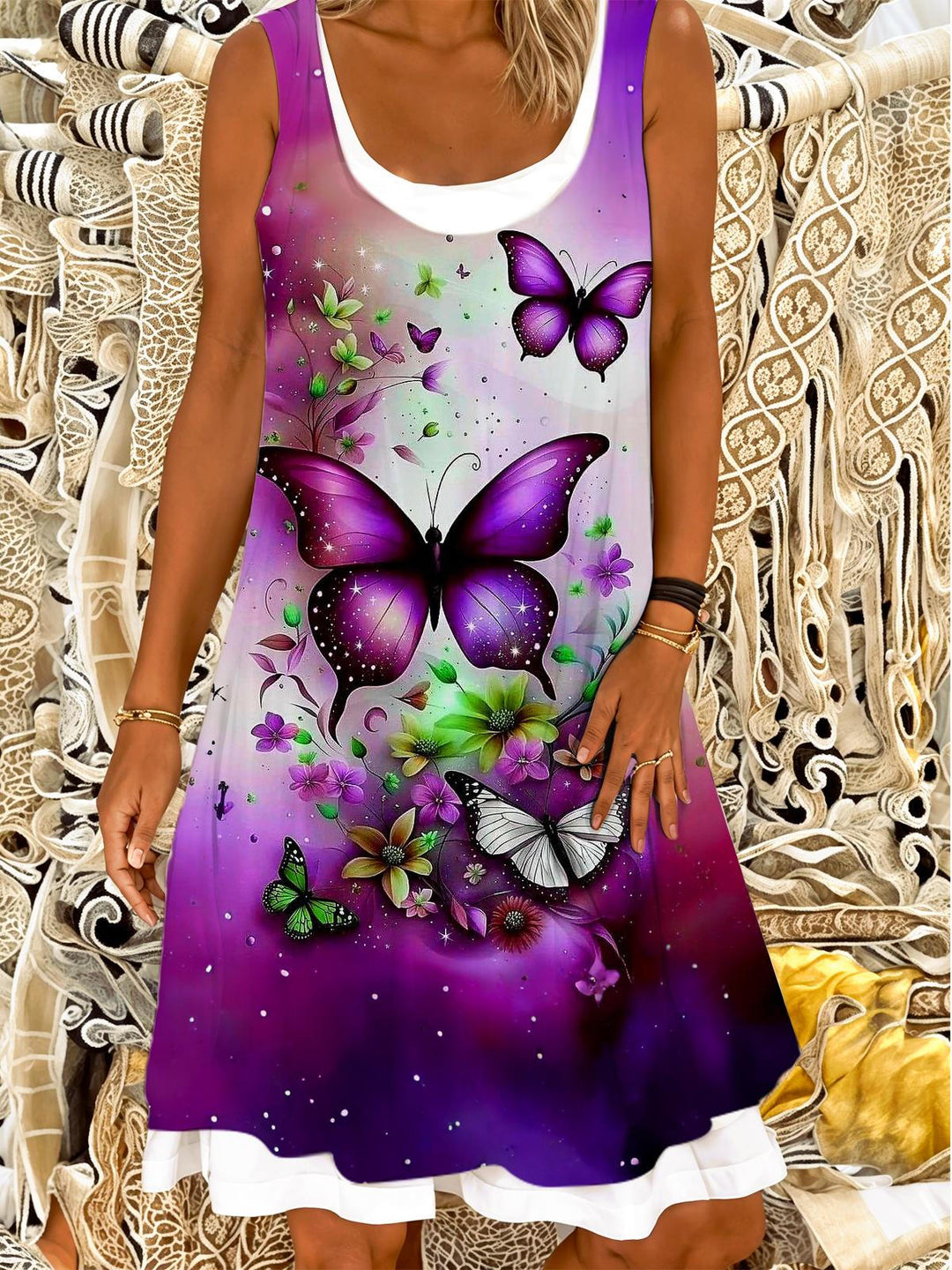 Purple Butterflies Print Ladies False Two Dress