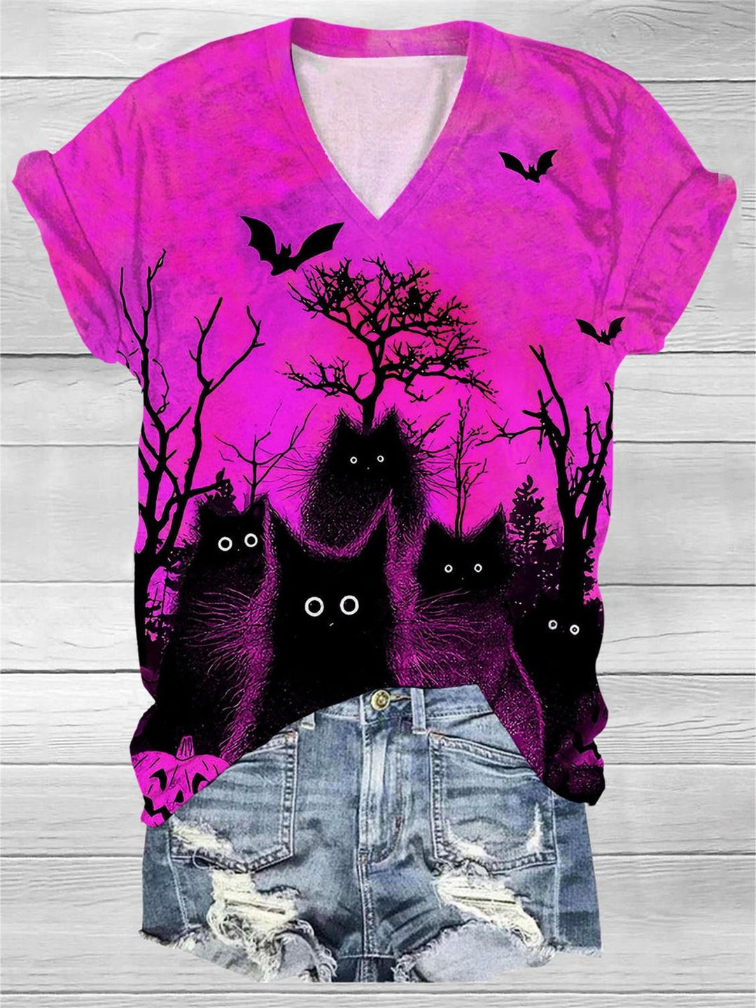 Halloween Black Cat Print V Neck T-Shirt