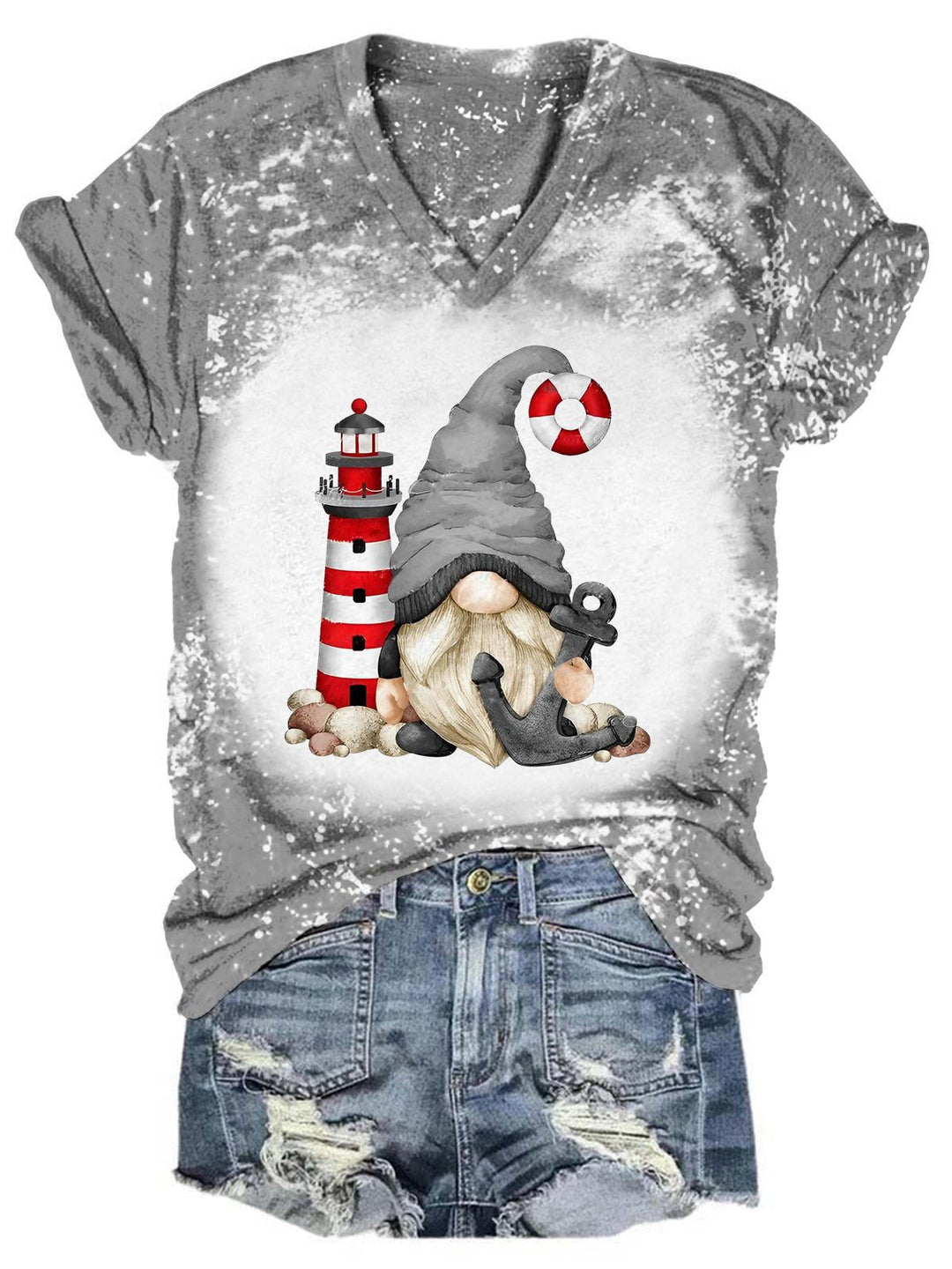 Lighthouse Sea Gnome Tie Dye V Neck T-Shirt