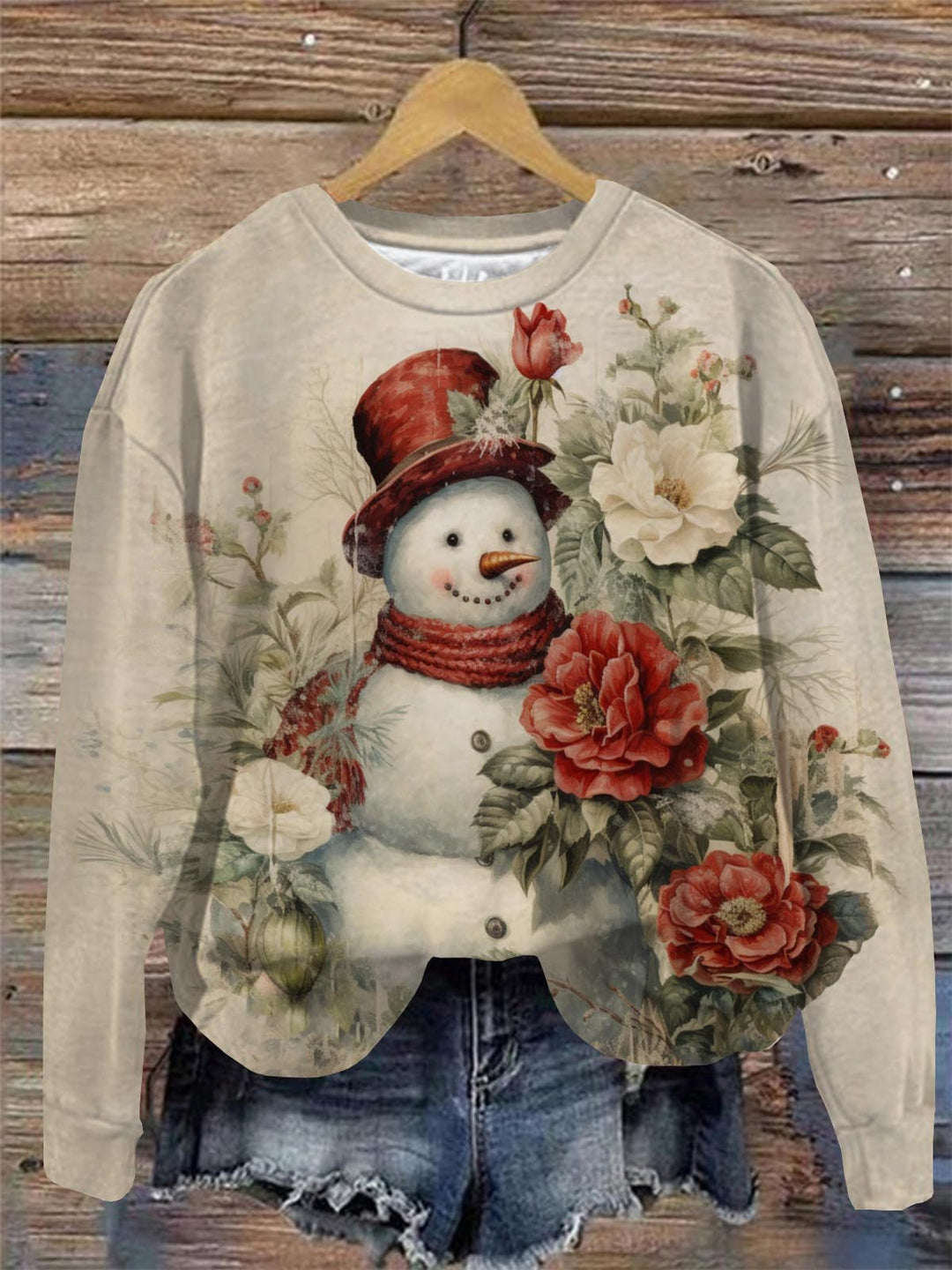 Vintage Snowman Print Round Neck Long Sleeve Top