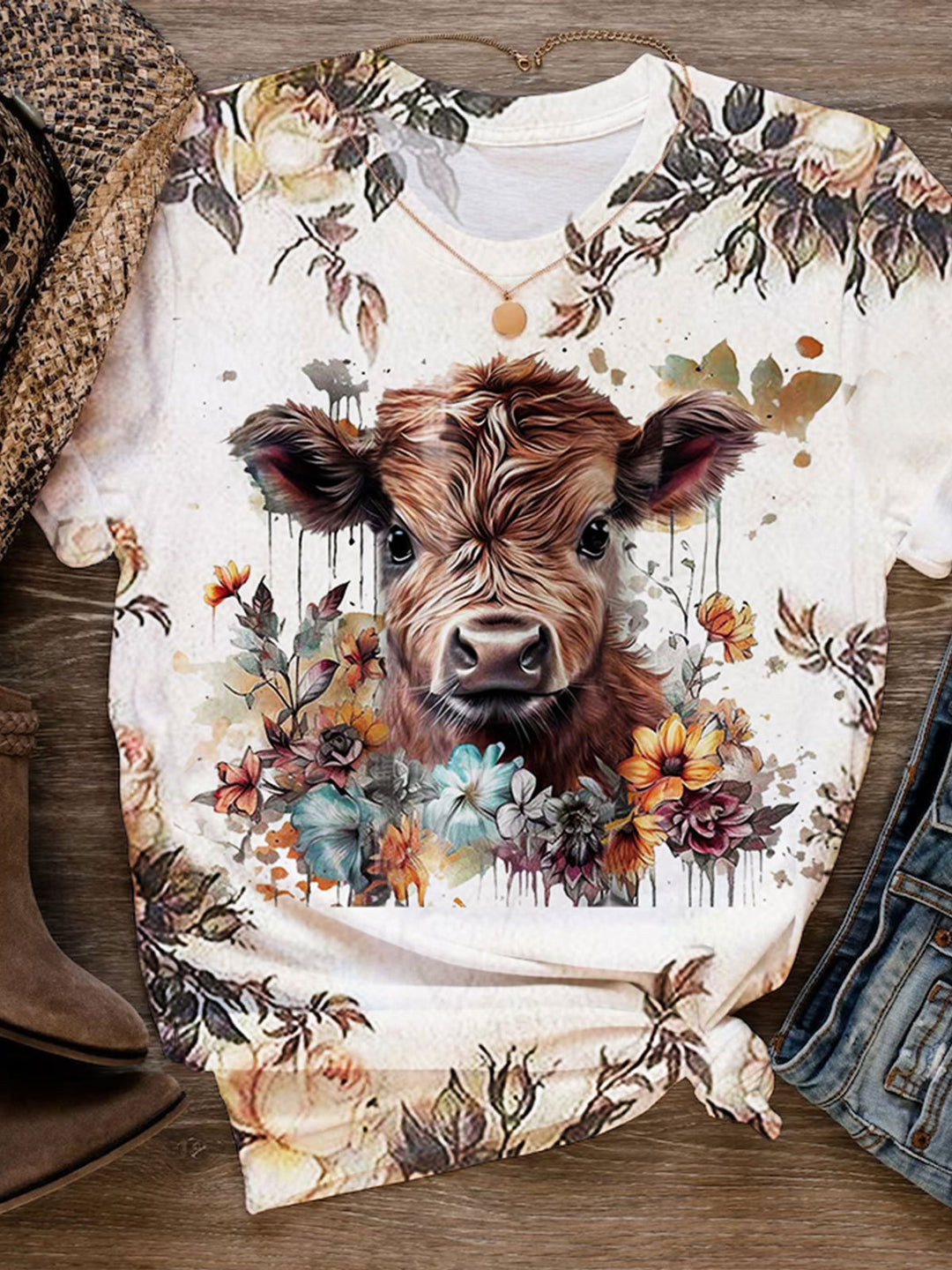 Women's Floral Highland Cow Print Short Sleeve Top