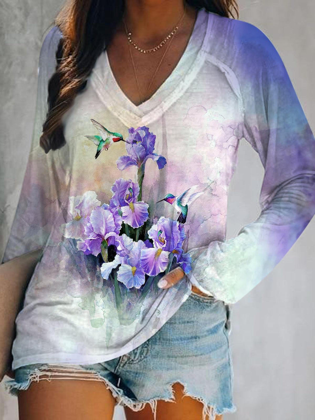 Purple Iris Flower Hummingbird Print V-Neck Long Sleeve Top
