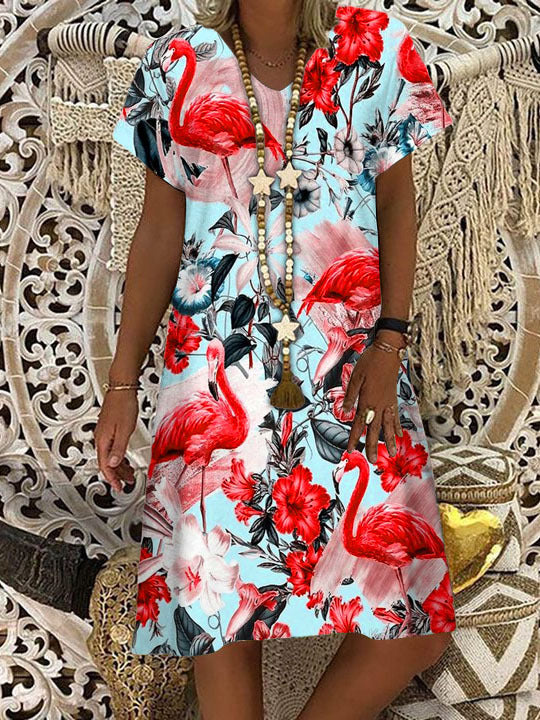 Flamingo Print V Neck Short Sleeve Dress
