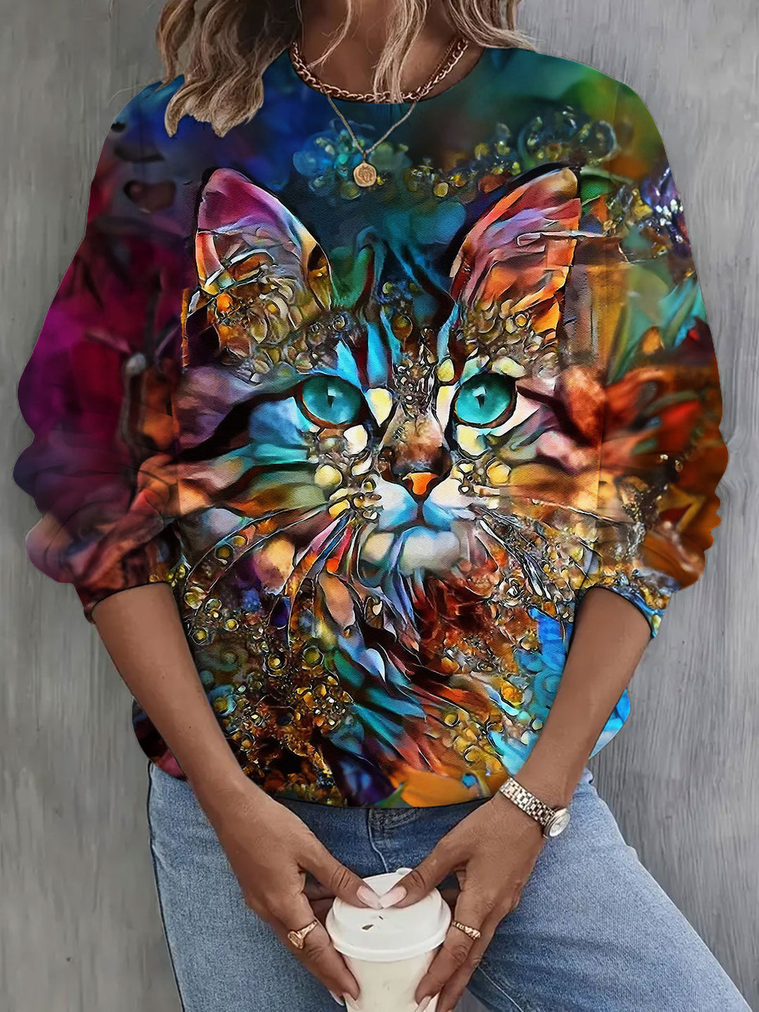 Art Cat Print Long Sleeve Casual Top