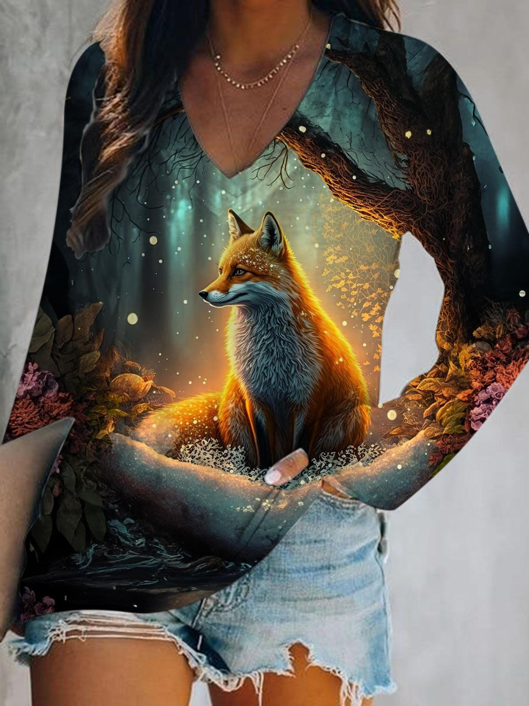Autumn Forest Fox Print V-Neck Long Sleeve Top