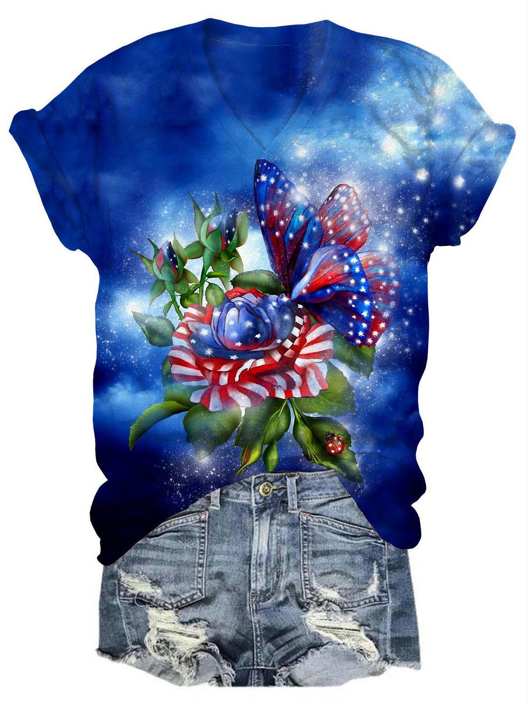 Independence Day American Flag Tie Dye Flower Butterfly T-Shirt