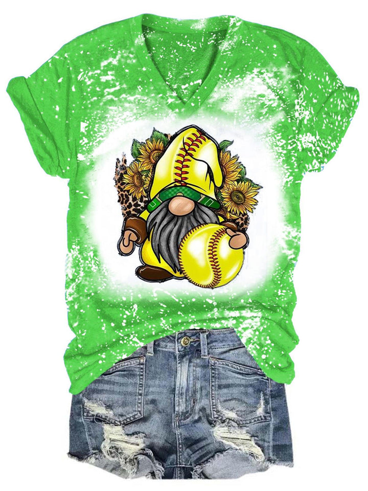 Gnome Softball Sunflower Tie Dye V Neck T-Shirt