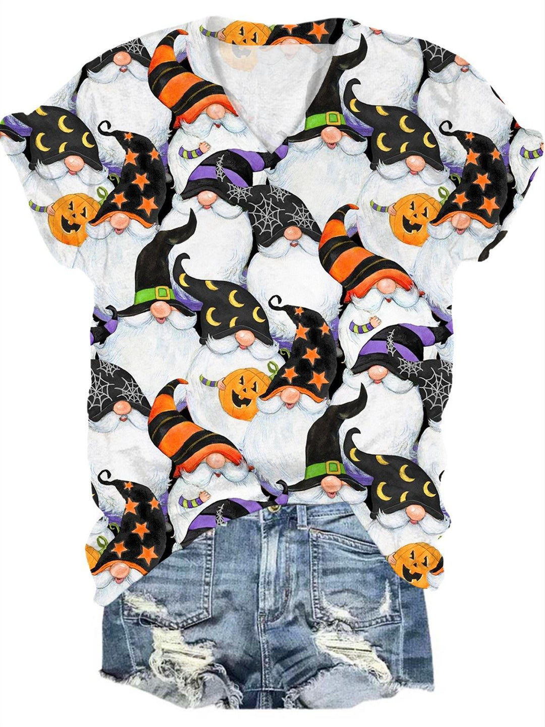Halloween Cute Gnome Print V-Neck T-Shirt