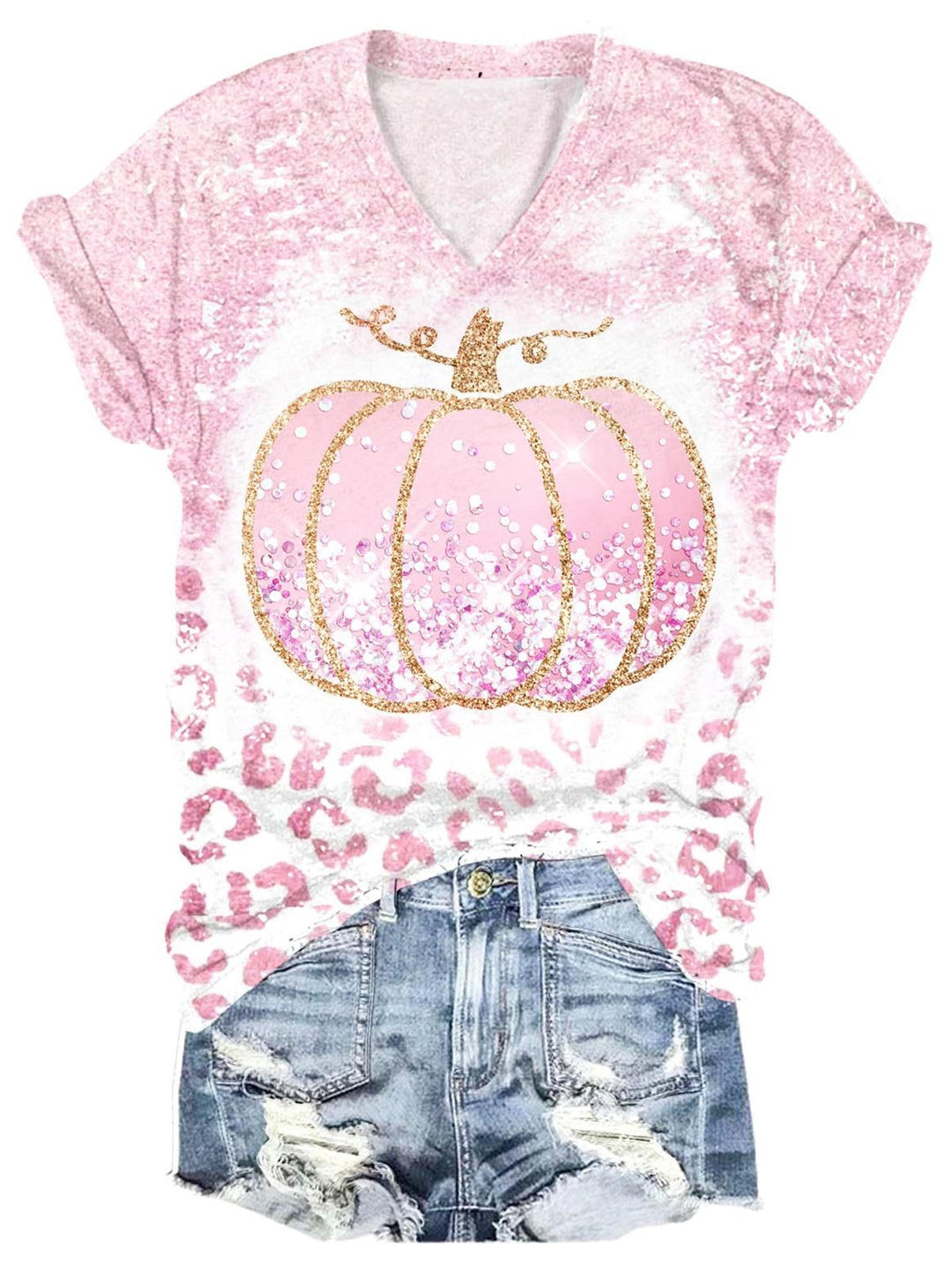Pink October Halloween Pumpkin Print V-Neck T-Shirt