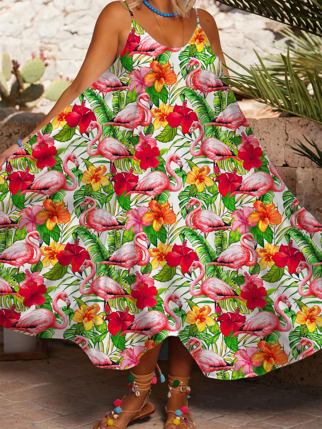 Tropical Flower Flamingo Print Casual Spaghetti Strap Dress