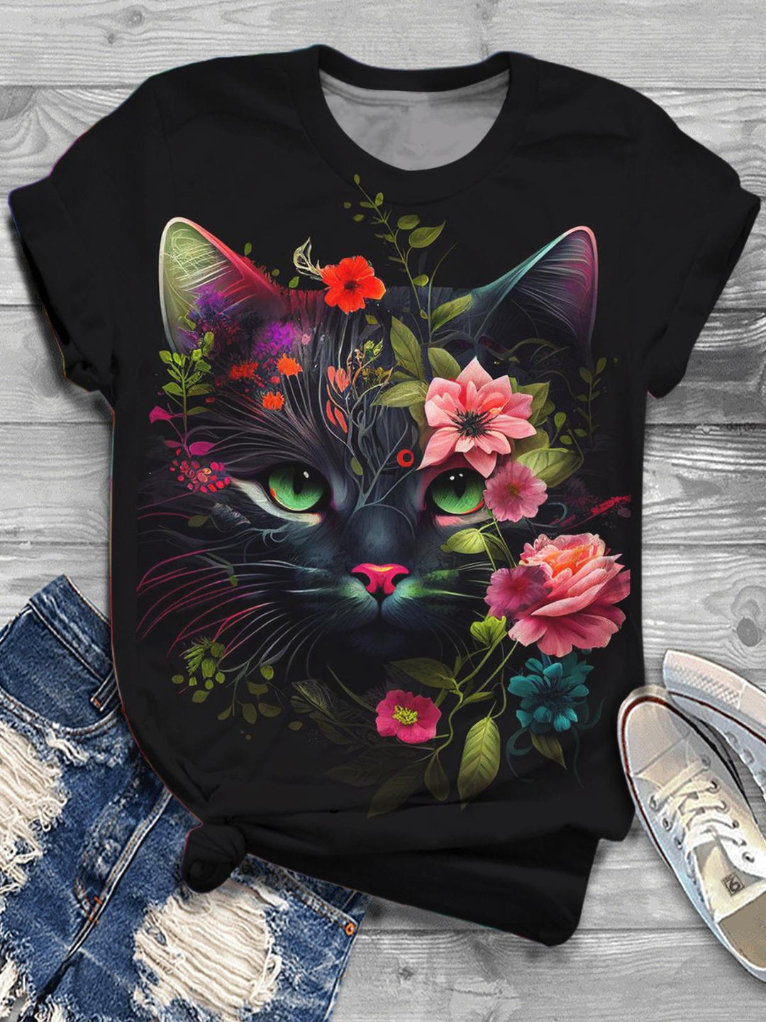 Women's Floral Cat Print Crew Neck Short Sleeve T-Shirt