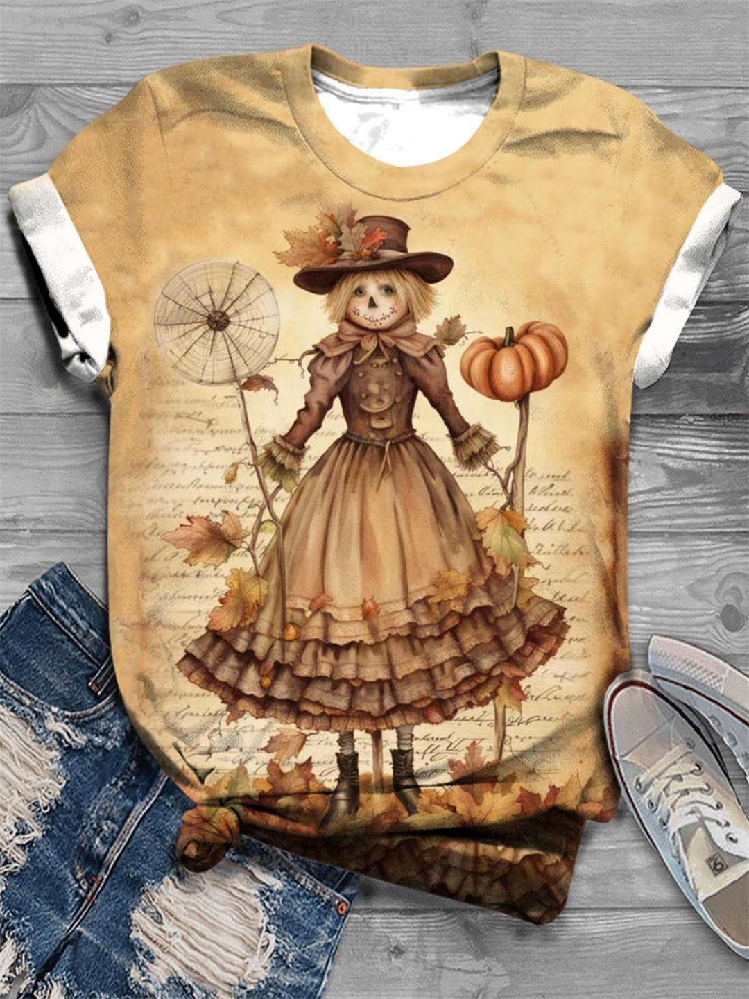 Scarecrow Lady Print Crew Neck T-Shirt