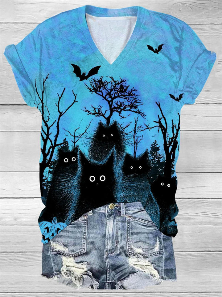 Halloween Black Cat Print V Neck T-Shirt