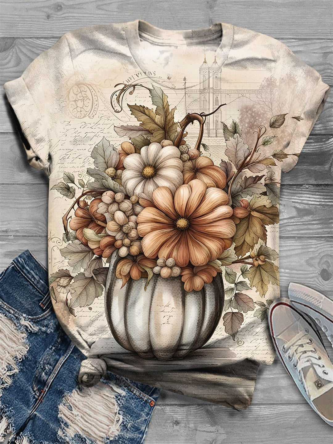 Retro Pumpkin Flower Print Crew Neck T-Shirt