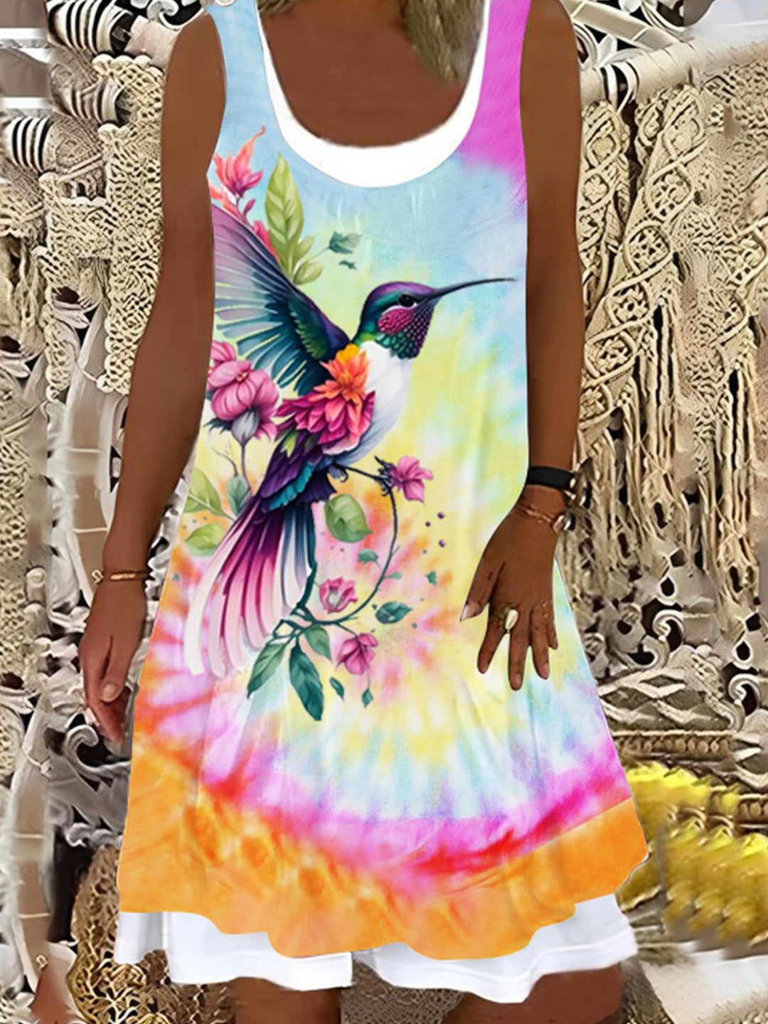 Women's Tie Dye Hummingbird Print False Two Dress