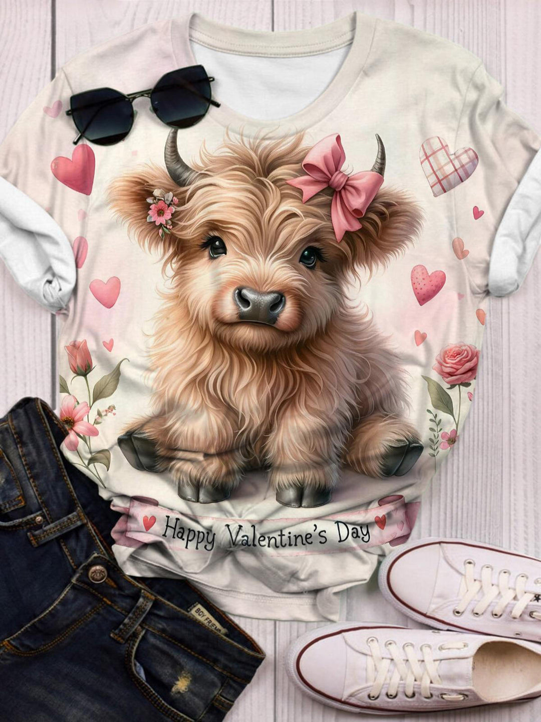 Valentine Baby Highland Cow Crew Neck T-shirt
