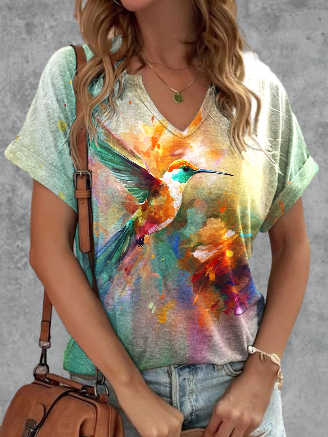 Art Hummingbird Print V-Neck T-Shirt