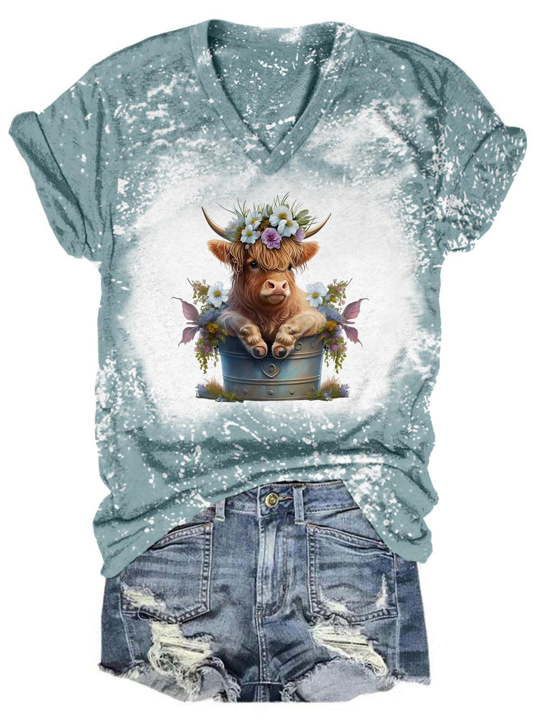 Flower Babe Highland Cow Tie Dye V Neck T-Shirt