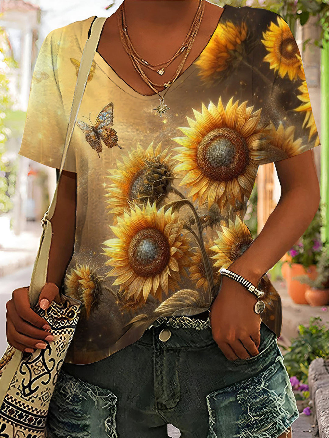 Sunflowers and Butterfly V-Neck Short Sleeve T-Shirt