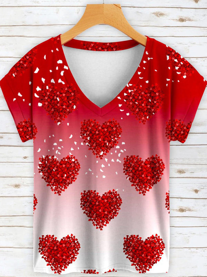 Valentine's Day Gradient Heart Glitter V-Neck Short Sleeve T-Shirt