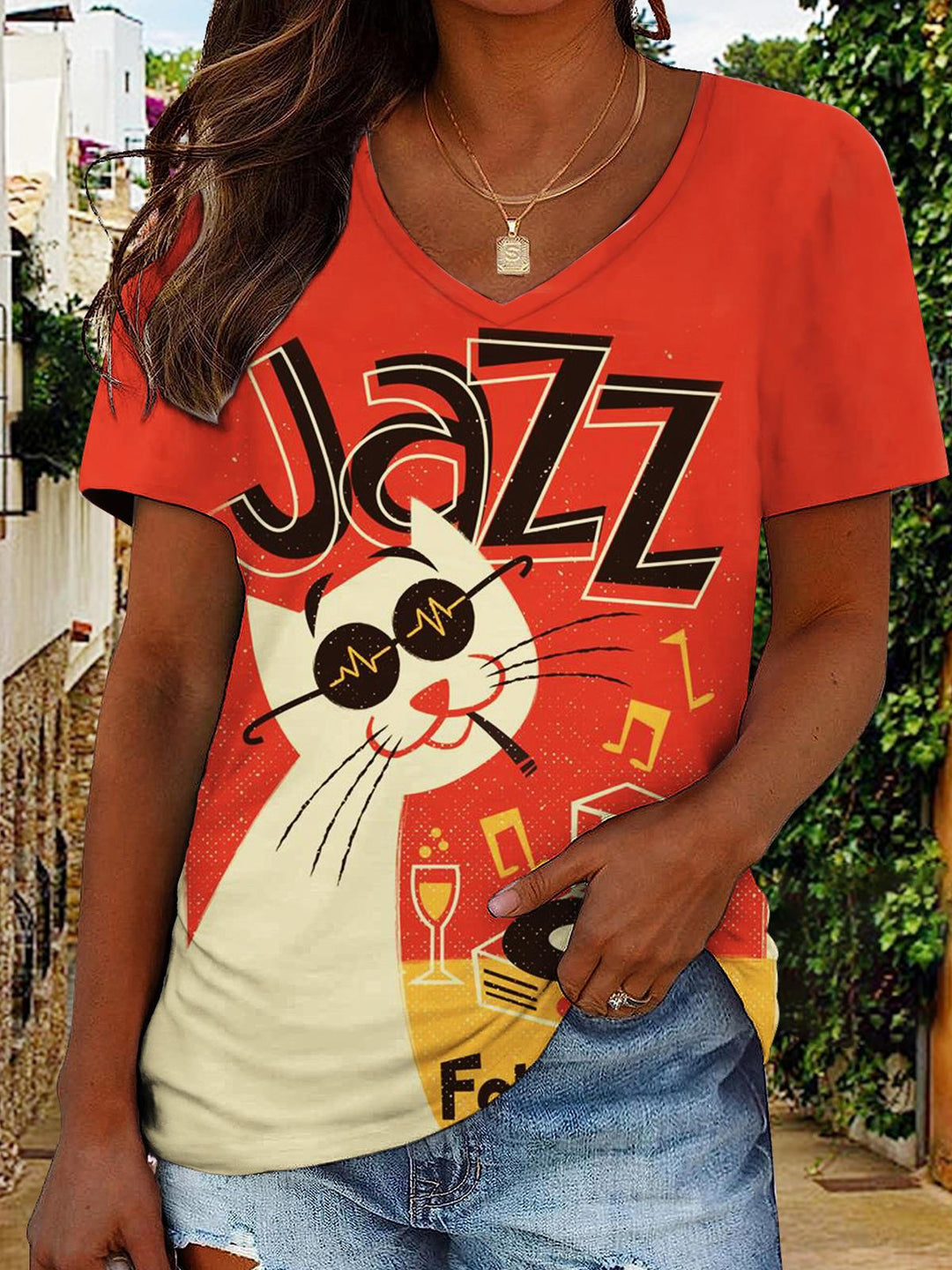 Jazz For Cats Print V-Neck Short Sleeve T-Shirt