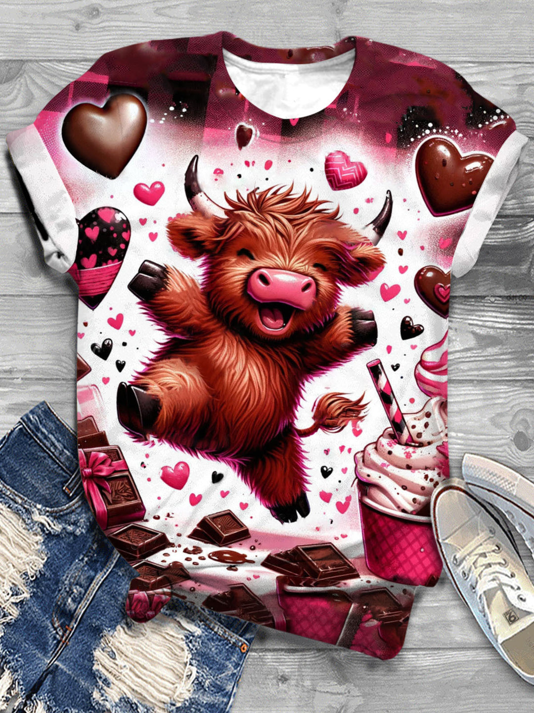 Pink Baby Highland Cow Valentine's Day Crew Neck T-Shirt