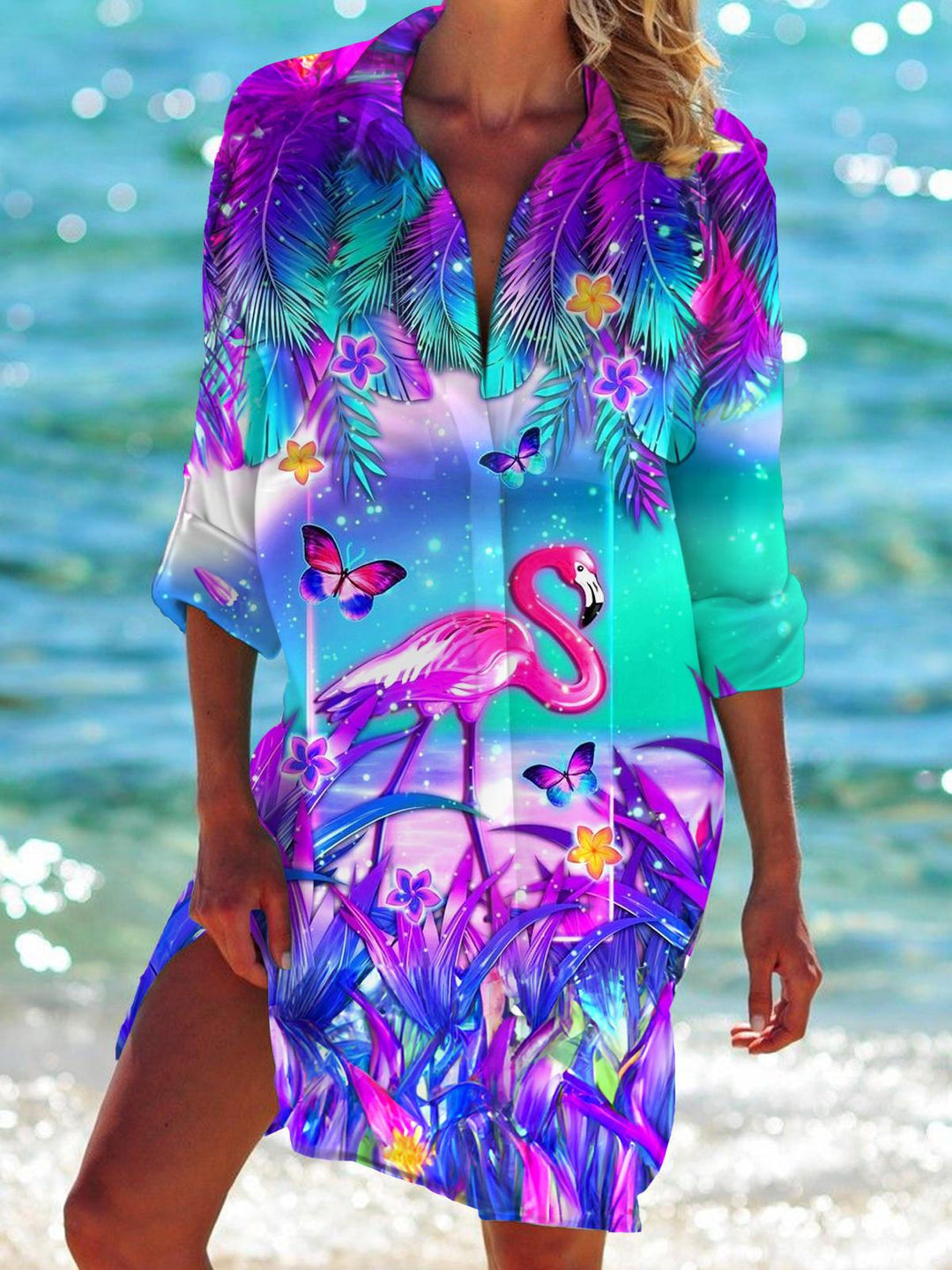 Hawaiian Flamingo Long Sleeve Beach Shirt Dress