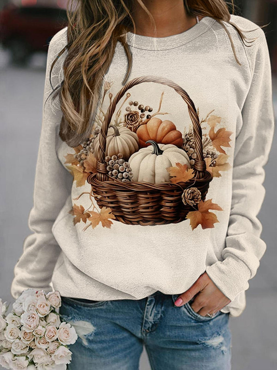 Women's Pumpkin Print Long Sleeve Top