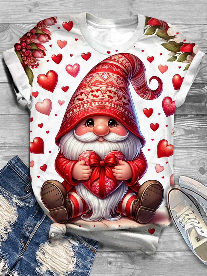 Valentines Day Gnome Print Crew Neck T-Shirt
