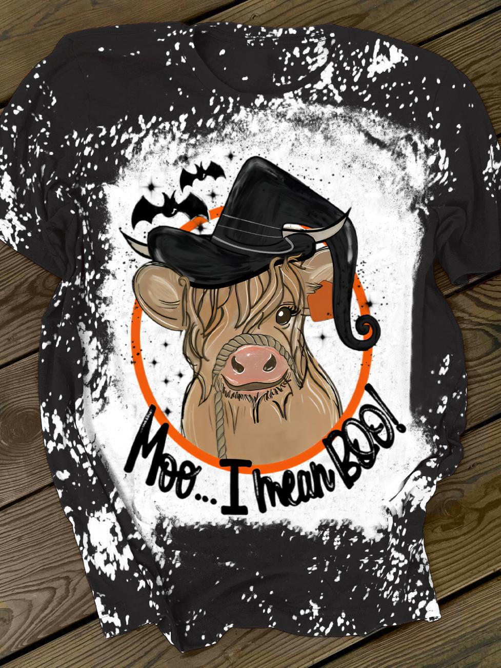 Moo I Mean Boo Cow Print Crew Neck Top