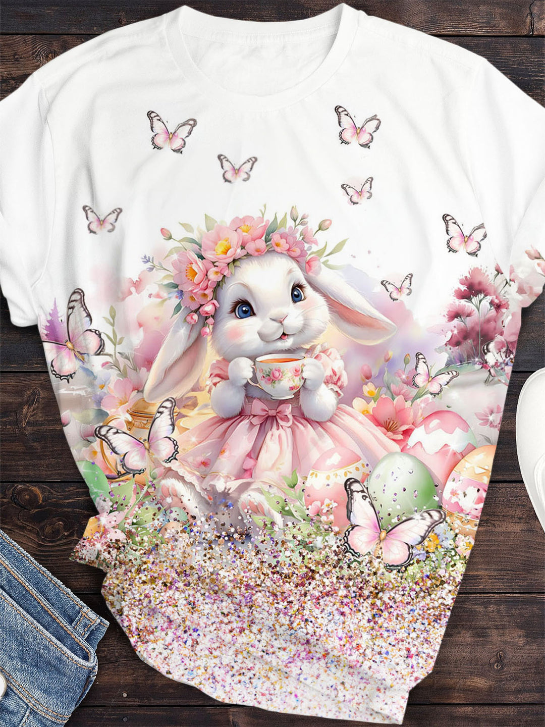 Spring Bunny with Butterflies Print Crew Neck T-shirt
