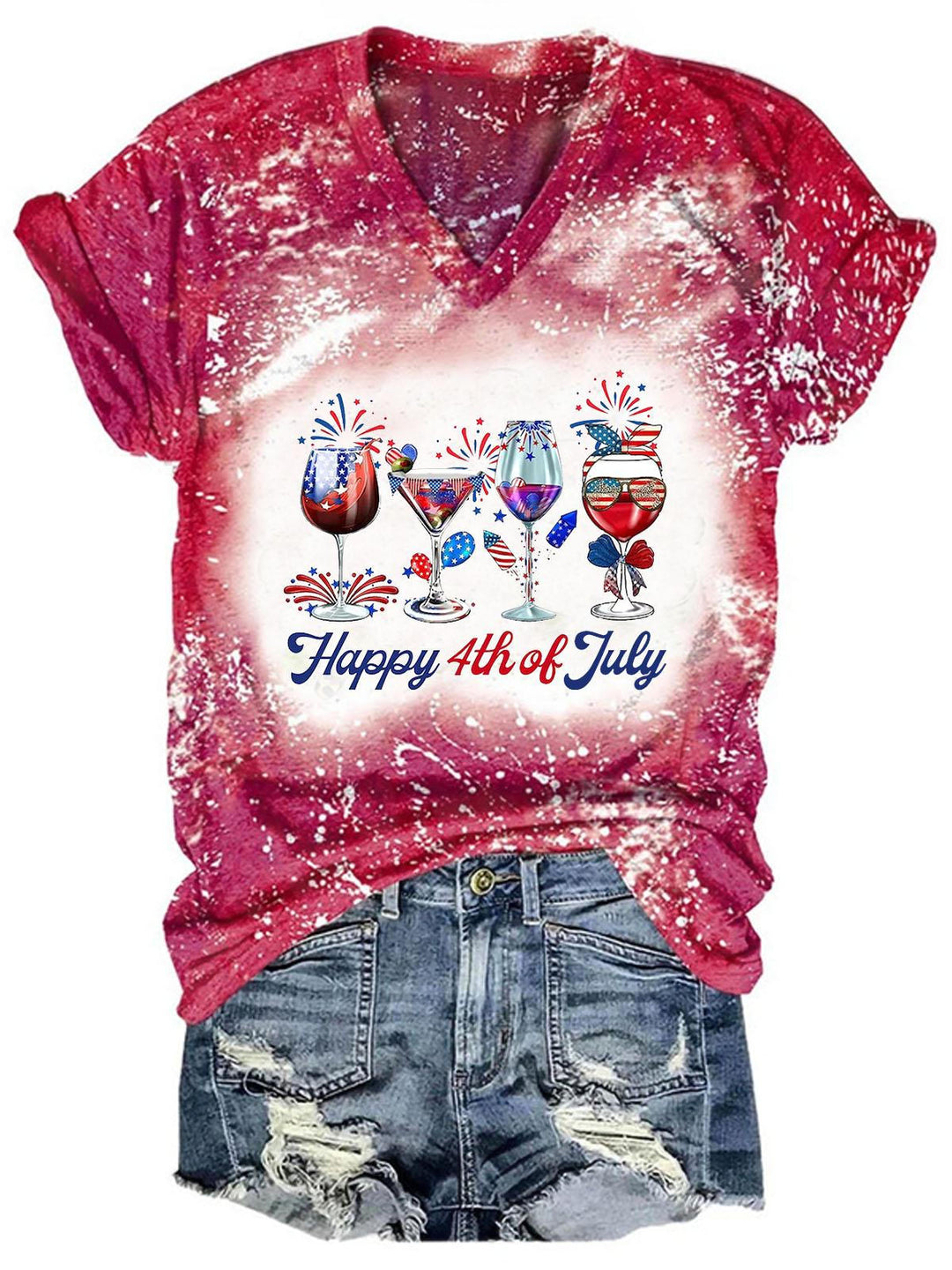Women's Tie Dye Happy 4th of July Wine Glass Print Top