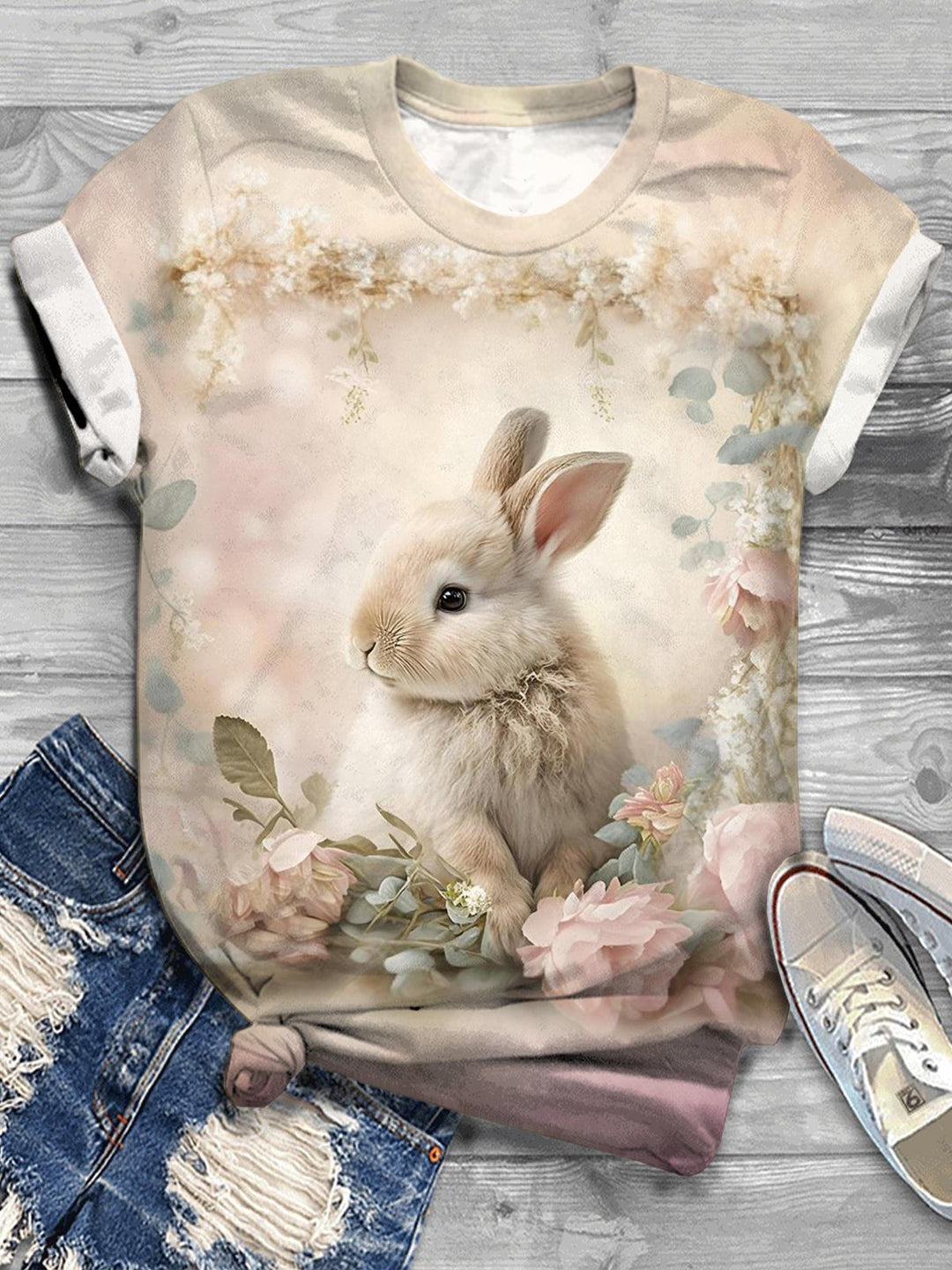 Easter Bunny Print Crew Neck T-shirt