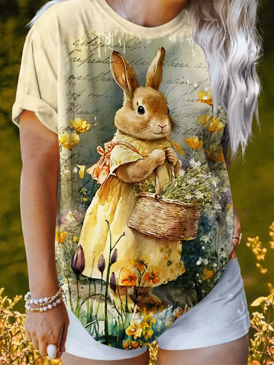 Vintage Easter Bunny Print Crew Neck T-shirt