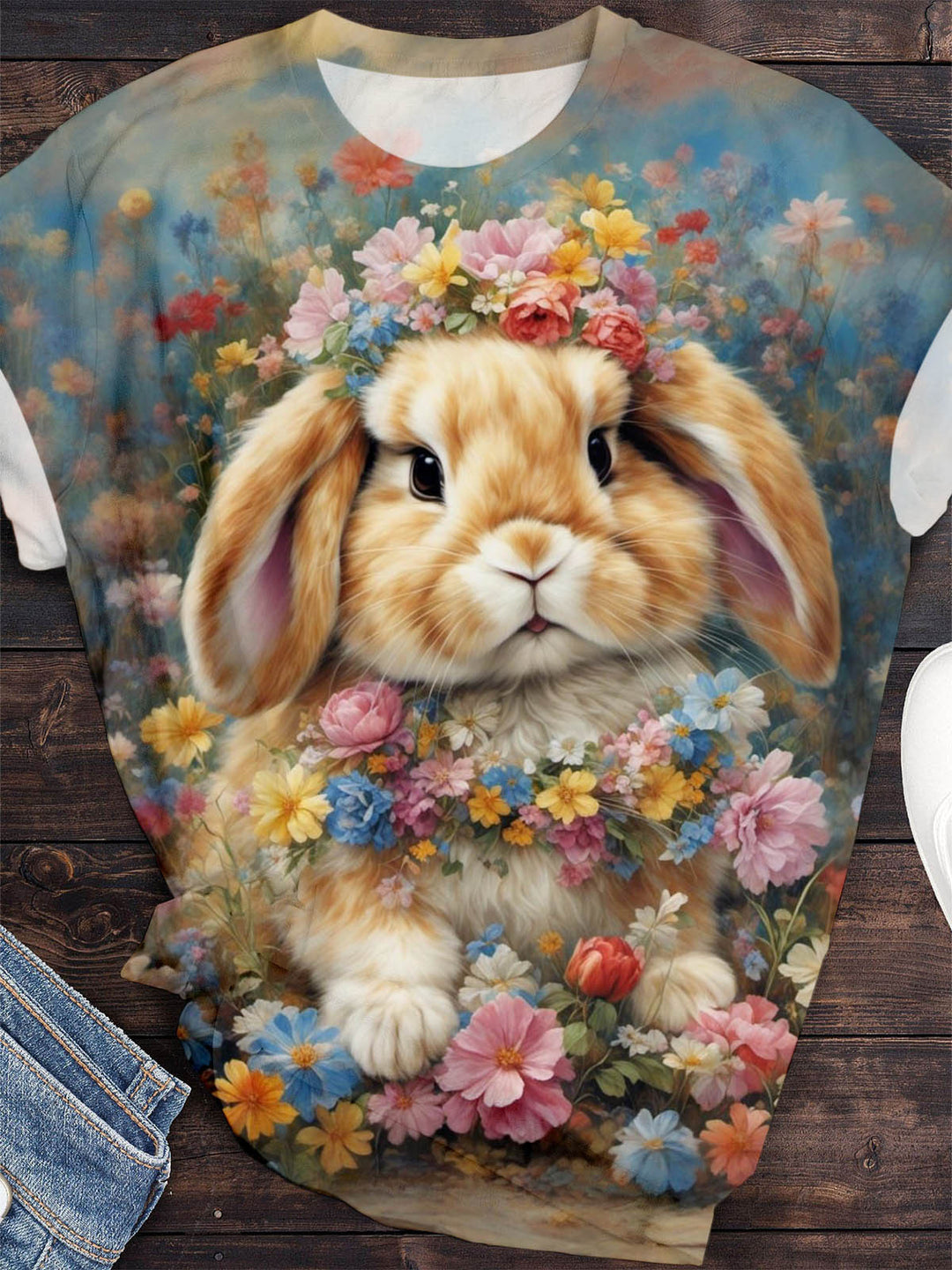 Floral Bunny Print Crew Neck T-shirt