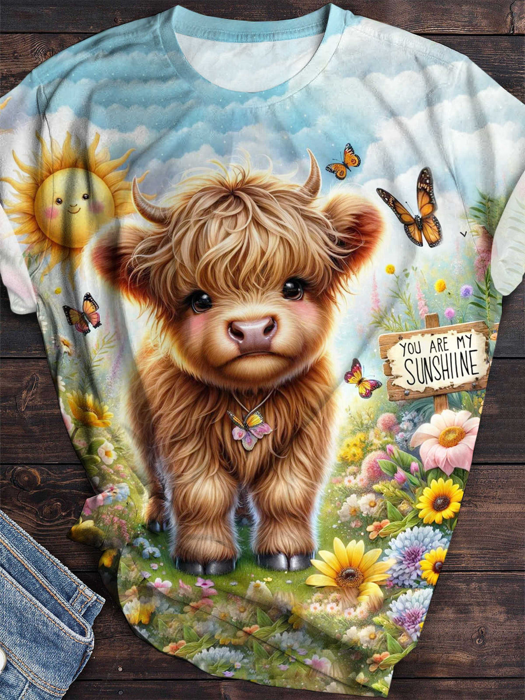 Spring Highland Cow Print Crew Neck T-Shirt