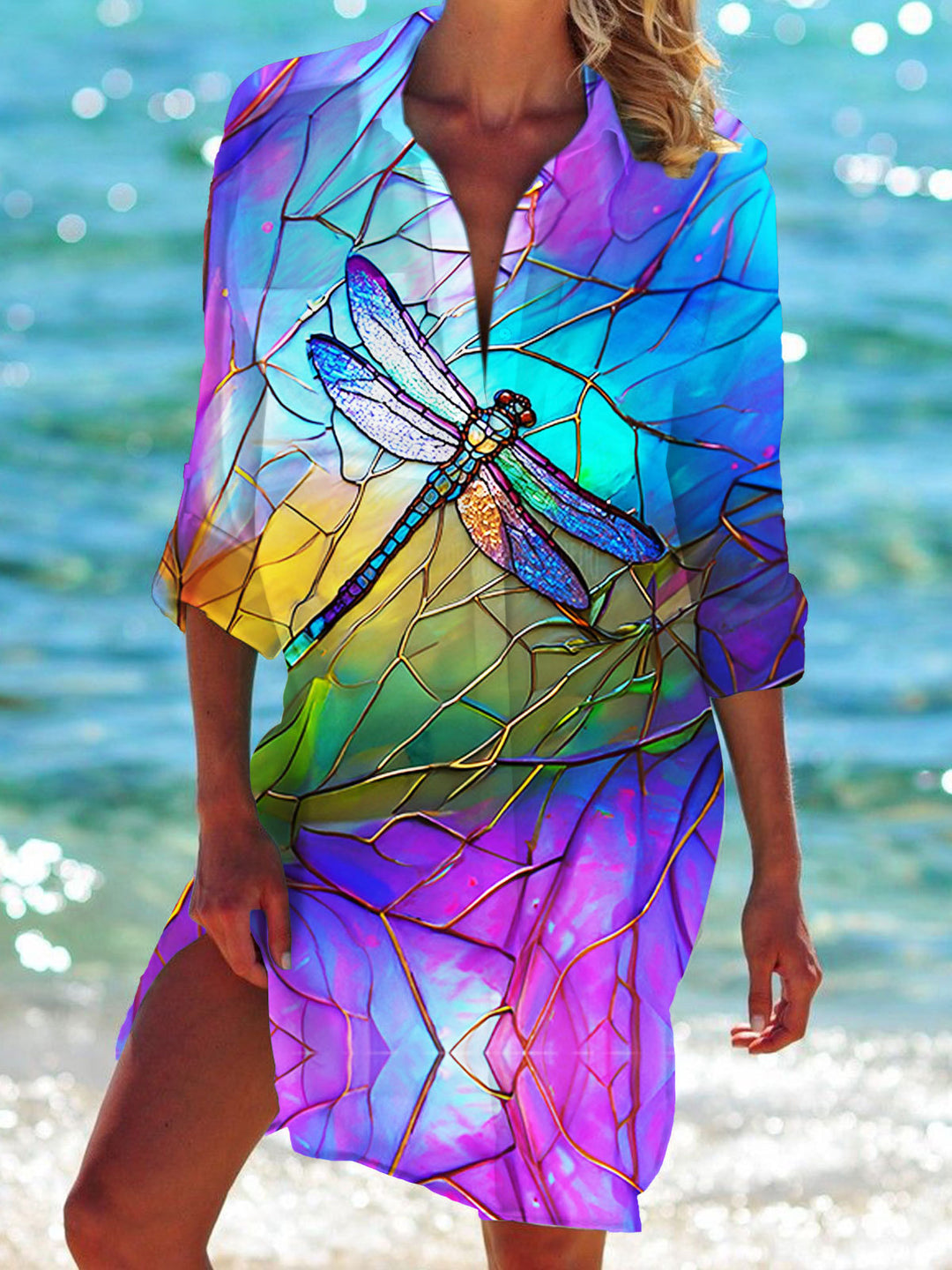 Women's Dragonfly Print Beach Shirt Dress
