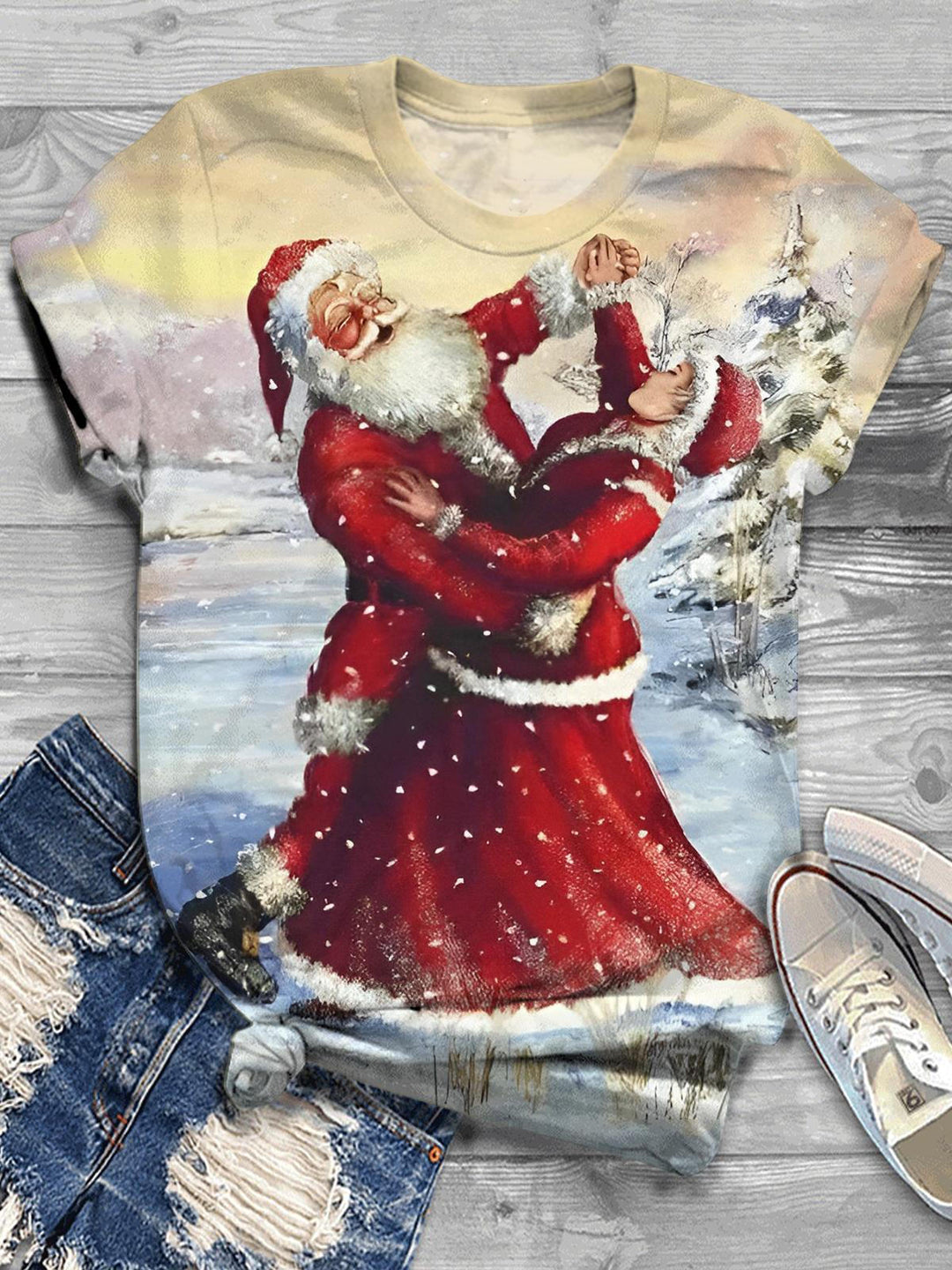 Couple Santa Print Crew Neck T-shirt