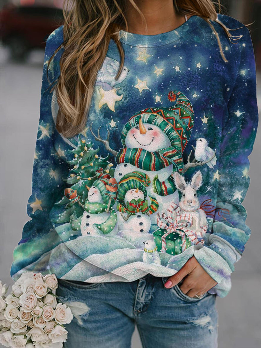 Star Snowman Long Sleeve Casual Top